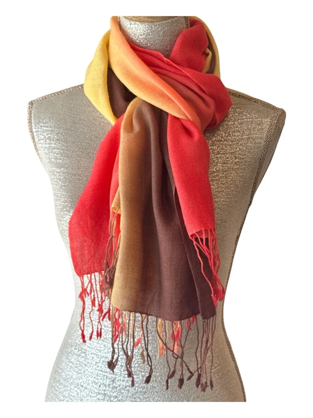 100% Pashmina Brown Yellow Orange Fall Ombré Fringe Scarf OS